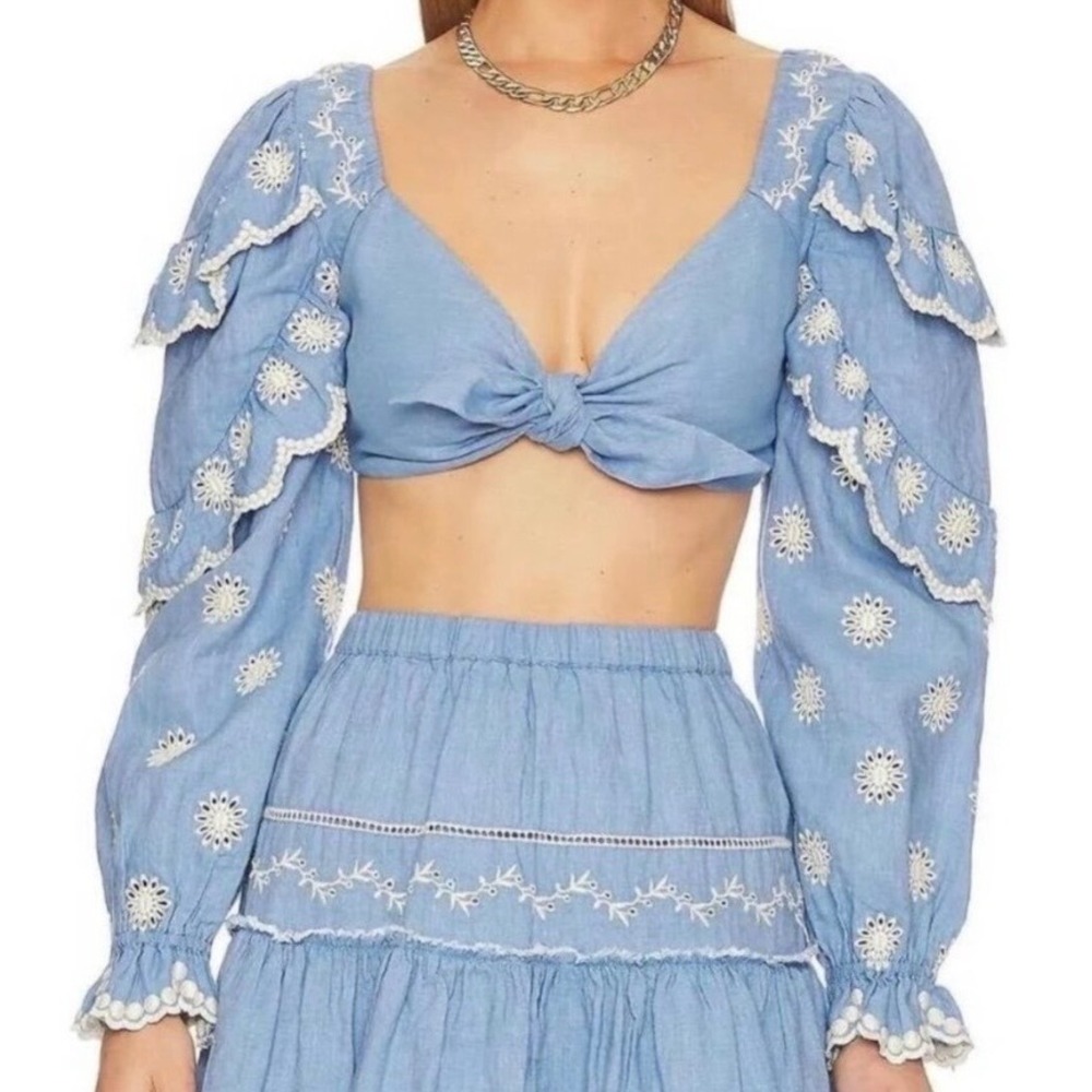 LOVESHACKFANCY | Blue Embroidered Ruffle Sleeve Tie Crop Top Blouse | Medium